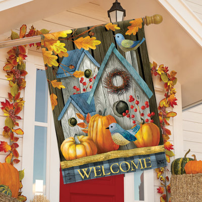 Rustic Fall Birdhouse Welcome House Flag