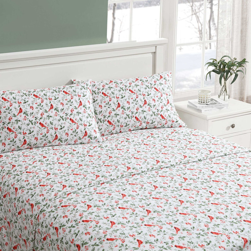 Brushed Cotton Flannel Sheet Set, Twin Sheet Set with 1 Pillowcase, Jolly Cardinals Red