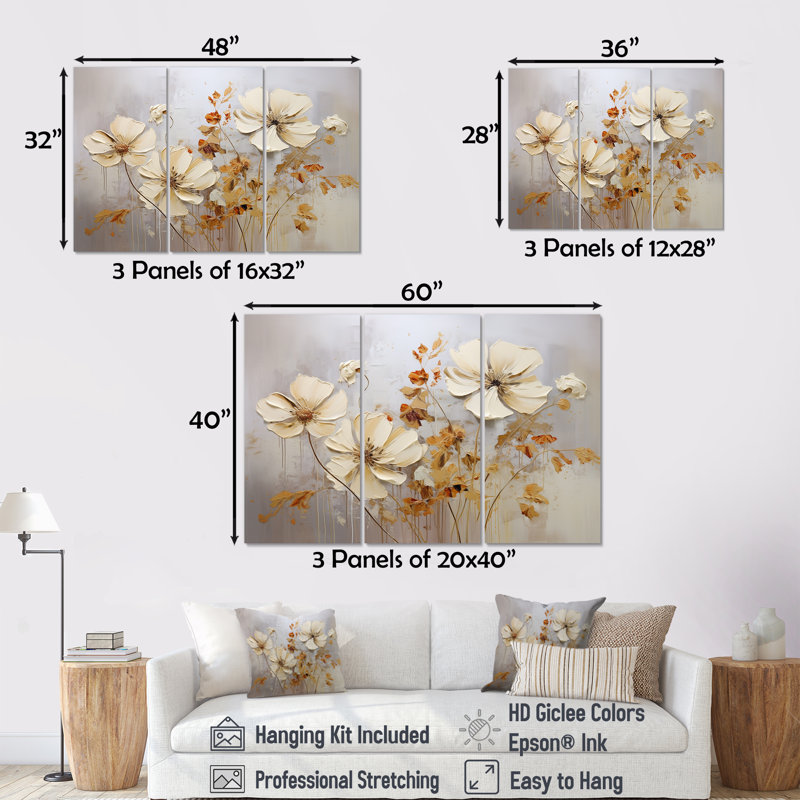 Beige et doré fleurs saisonnières Composition I - ensemble de décorations murales fleurs saisonnières