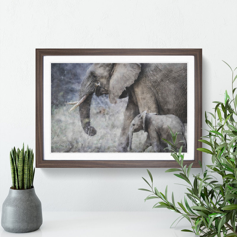 Mother and Baby Elephant Vol.1 - Picture Frame Painting, 27cm H x 36cm W x 2cm D, Walnut Framed