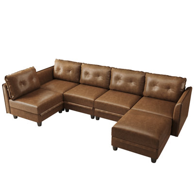 Modular Sectional Sofa With Storage, Modern Brown Faux Leather, Reversible Chaise, U Shaped Couch For Living Room, Waterproof & Easy Clean, 5 Seats With Ottoman