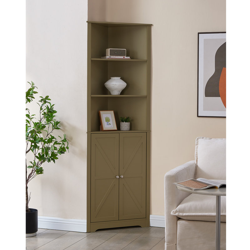 Tall Wooden Corner Cabinet with 2 Doors & 5 Shelves, Freestanding Space-Saving Storage Organizer for Bathroom, Kitchen, Living Room or Office