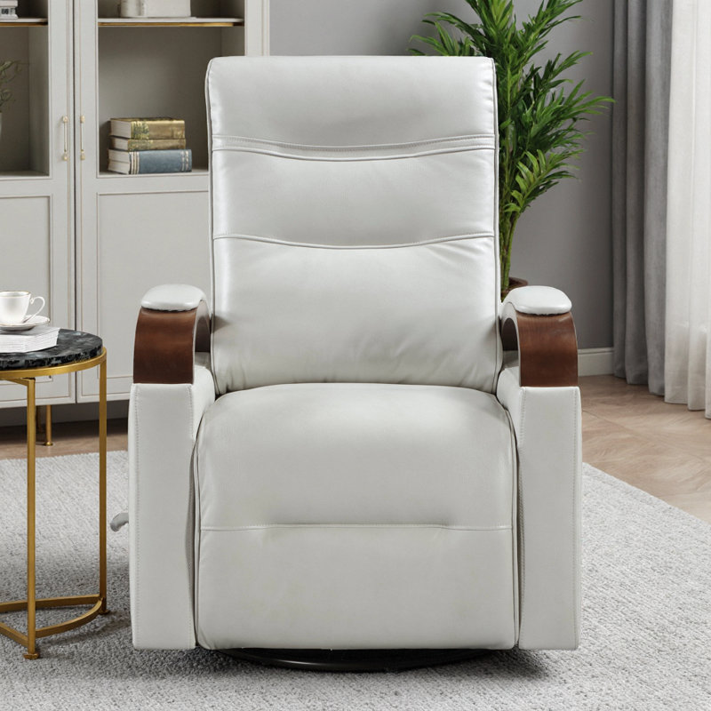 Effortless Comfort & Motion: Swivel Glide Recliner in Faux Leather with Solid Wood Arms, Beige
