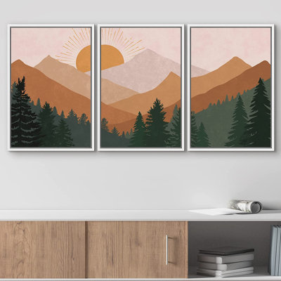 Sun Mountain Landscape " IDEA4WALL Framed Canvas Print Wall Art Set Pastel Rising Sun Mountain Forest Abstract Nature Illustrations Modern Art Nordic Decorative Wilderness Zen Minimal Boho For Living Room, Bedroom, Office " 3 - Pieces
