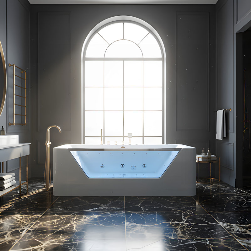 Baignoire tourbillon 67 ", baignoire à jets d'hydrothérapie avec panneau en verre, 7 jets, tablier à 3 côtés, 89 gallons, blanc
