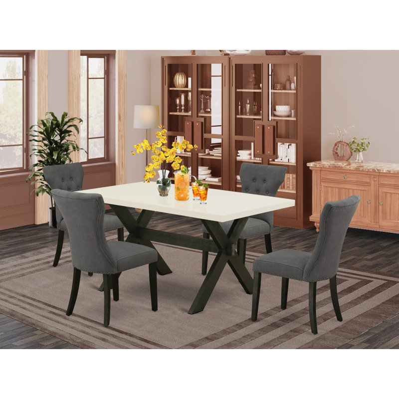 Oruada 4 - Person Solid Wood Solid Wood Top Trestle Dining Set, Wirebrushed Black, Dark Gotham Gray, Linen White