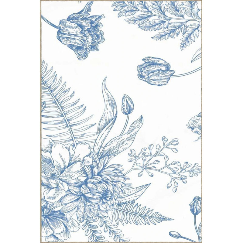 Tapis à motif tissé à motif floral rayé à thème bleu et tapis lavable, Rectangle 3 pi 4 po x 5 pi