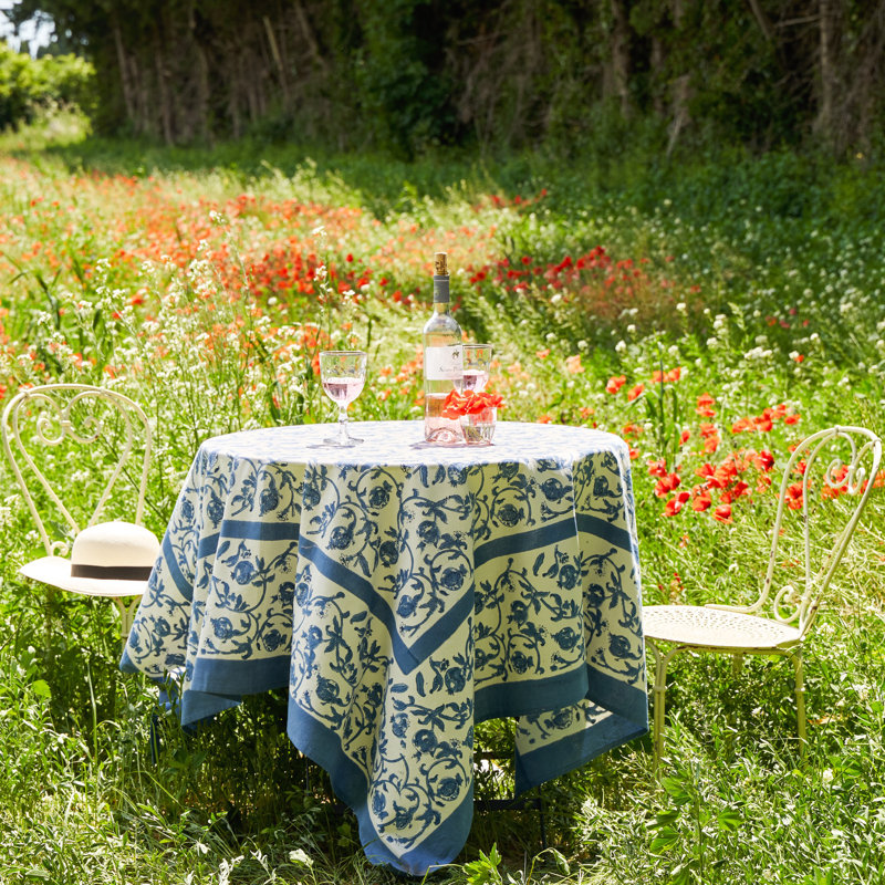 Granada Cornflower Blue Handmade Floral Tablecloth, 59" Square, Blue