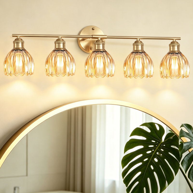 Éclairage pour salle de bain 5 lumières avec abat-jour en verre tulipe à motif floral rétro, Ambre, Laiton brossé, 5
