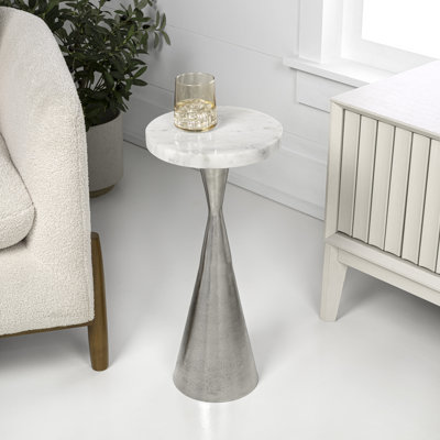 Ziggy 22" Metal Drink Table and Decorative End Table with White Marble Round Top and Cone Pedestal Base