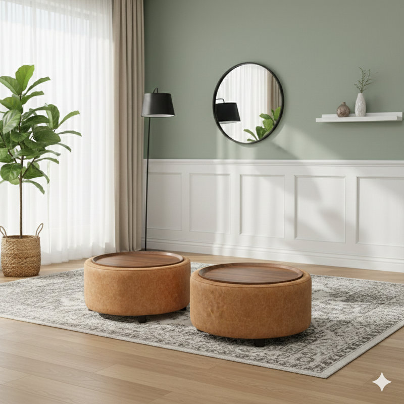 Eniyah Round Cocktail Ottoman With Storage, Brown