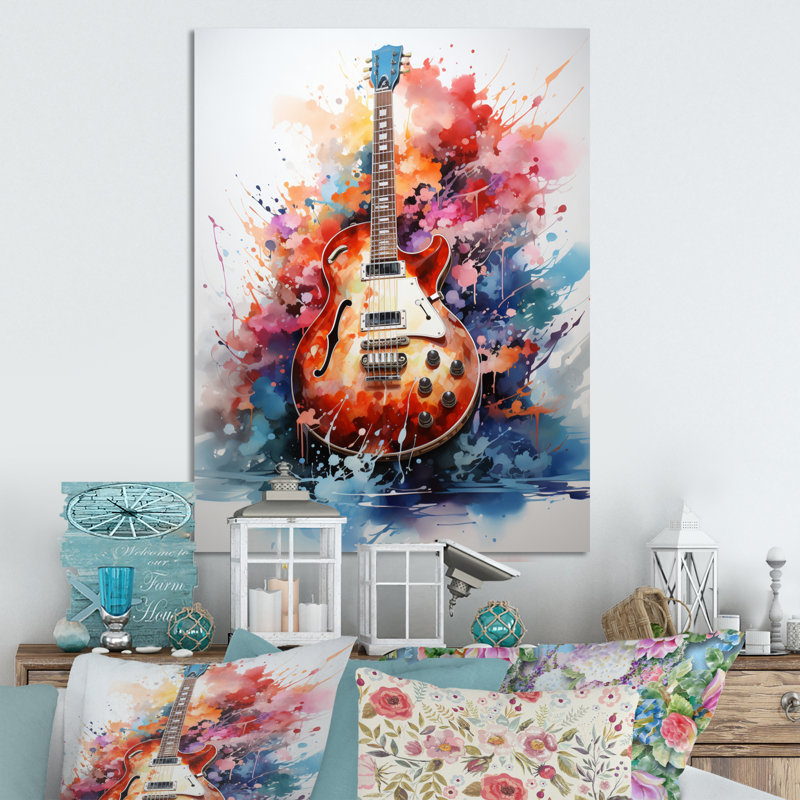 «Dry Watercolor Fire Guitare II», reproduction d'art en métal, H 20 po x l 12 po x P 1 po