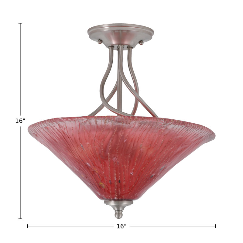 Capri Semi-Flush 3-Bulbs Shown With 16" Glass, Brushed Nickel, Raspberry