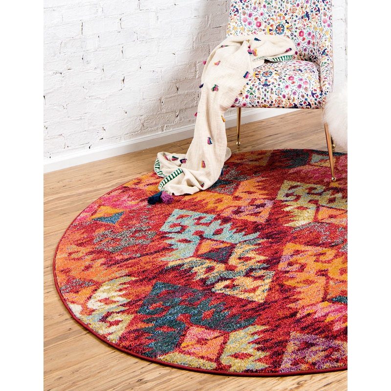 Tapis à motif géométrique rouge Sierra, Rond 3 pi 3 po