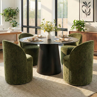 4 - Person Dining Table Sets With 52'' Solid Round Table & 4 Upholstered Chenille Swivel Chairs