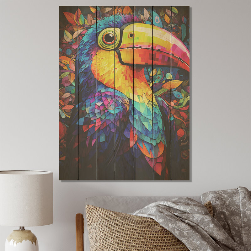 Jaune et bleu, jungle tropicale toucan I - animal toucan sur bois, H 32 po x l 24 po