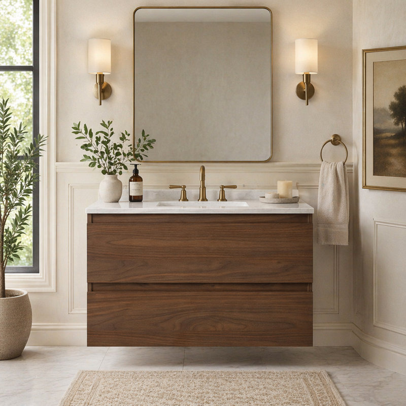 Base de meuble-lavabo mural simple, Brown Oak, 19.69" H x 23.38" W x 17.94" D
