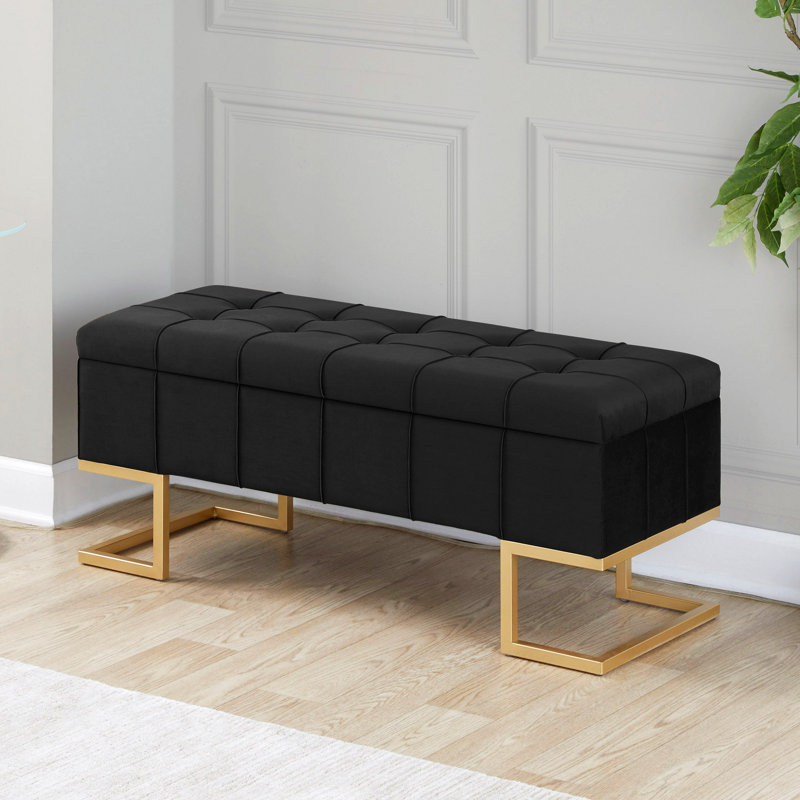 Banc de rangement en métal et velours, Noir