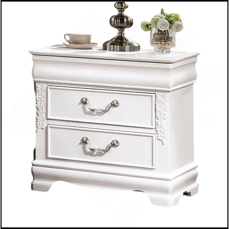 Table de chevet classique à 2 tiroirs en nickel massif avec tiroirs en nickel massif de couleur blanche classique