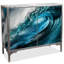 Console Caicos "Sapphire Sea", impression sur verre biseauté sur un cadre à feuilles argentées