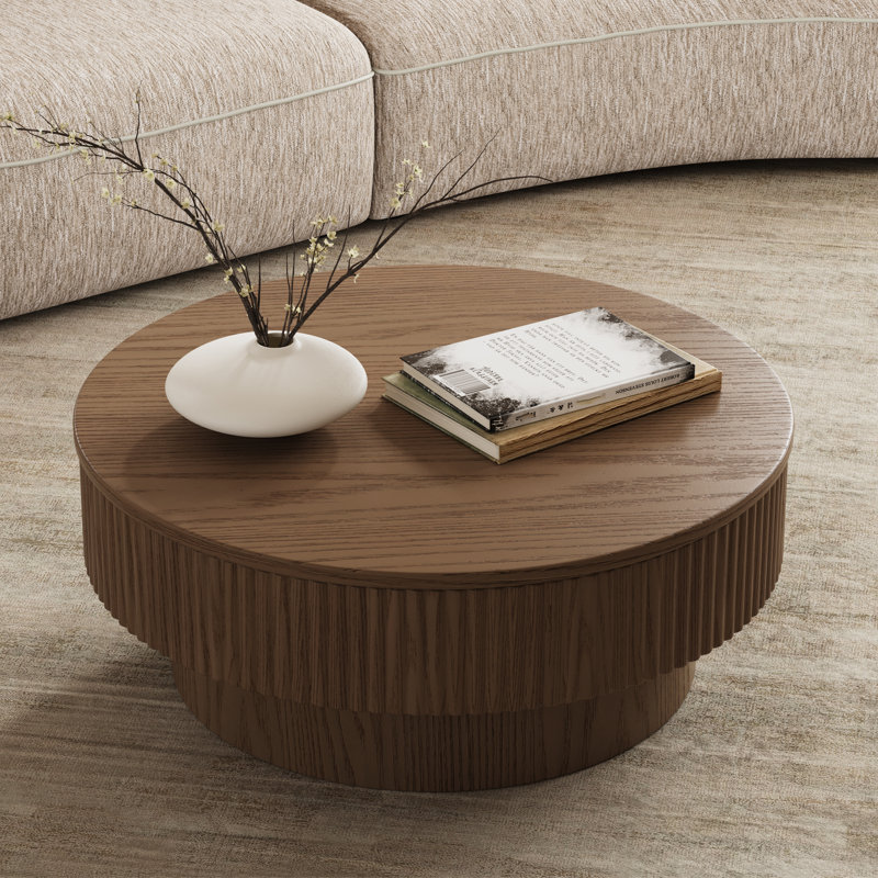Round Drum Coffee Table with Storage, Walnut, 14" H x 35" W x 35" D