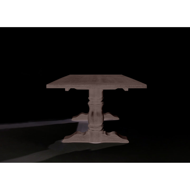 Gray Weathered Dining Table With Rectangular Solid Wood Top And Double Pillar Stand Frame Elegant Trestle Thick Laminate