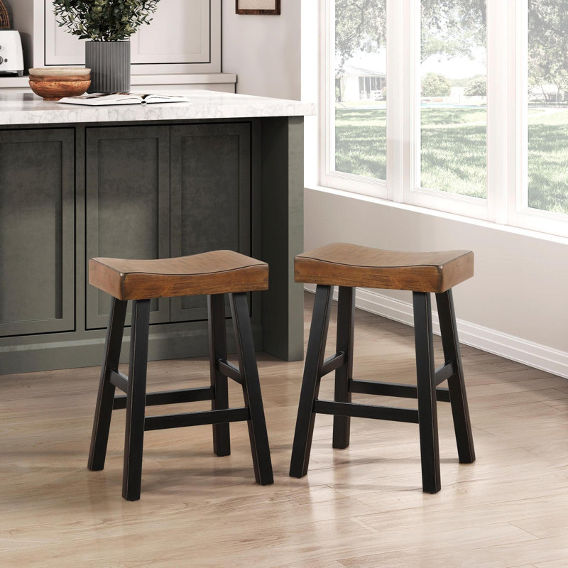 Ensemble de 2 tabourets de bar au design transitionnel, meubles en bois d'hévéa massif blanc et café, Gris / Blanc