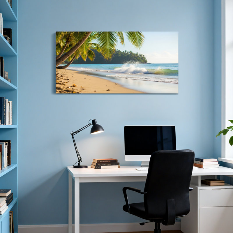 Plantes et fleurs, plage tropicale avec palmiers et vagues, H 20 po x l 40 po