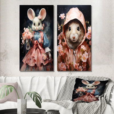 Souris élégante rococo, élégance en robe rose I - ensemble de 2 rongeurs sur toile