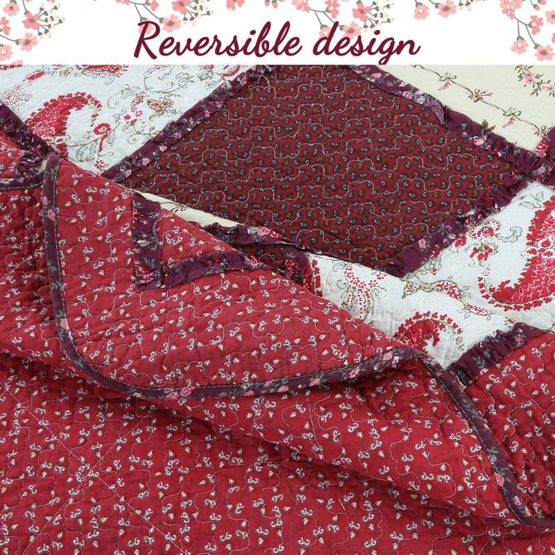 Ensemble de courtepointe réversible en coton rouge, Courtepointe grande + 2 taies décoratives