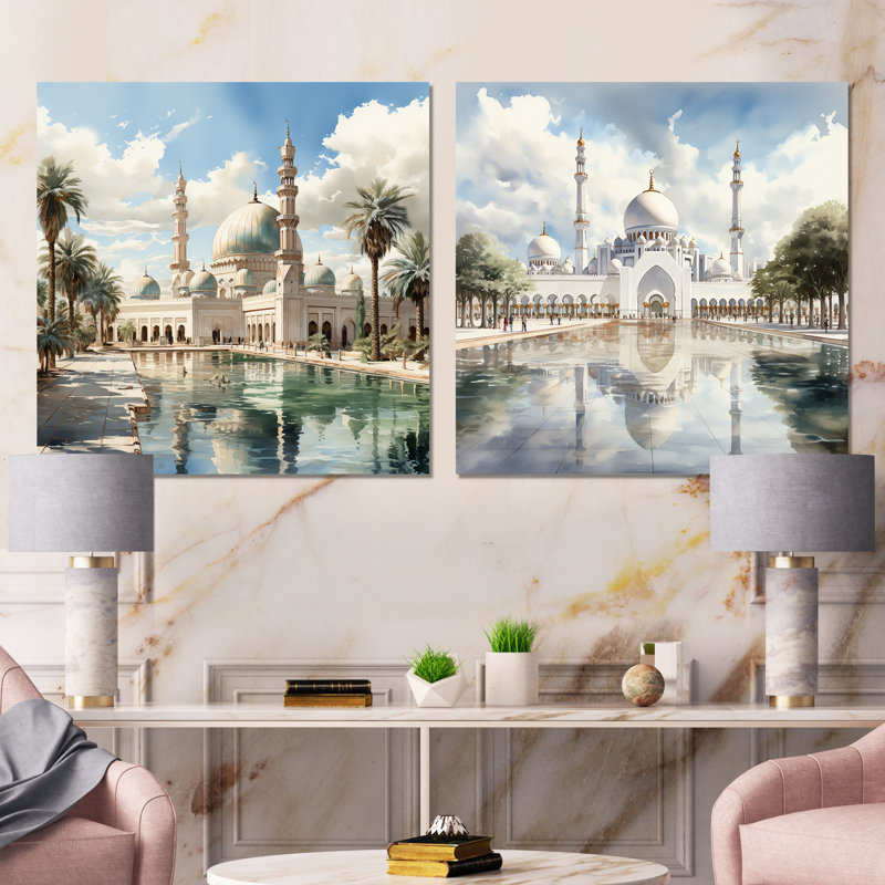 Ensemble de 2 reproductions d'art murales blanches de l'Islam blanc Sheik Zayed Mosque, Toile tendue