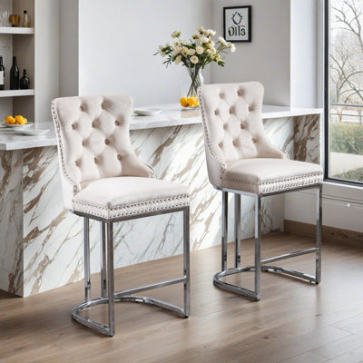 Ensemble de 2 tabourets de bar 26 po, tabourets pivotants rembourrés en velours avec base en métal chromé et dossier capitonné, îlot de cuisine de style campagne moderne pour comptoir