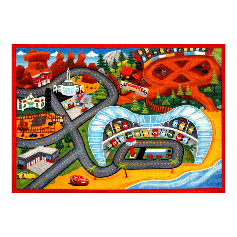Licensed Disney Pixar Cars Roadmap Digital Printed Easy Care Non-Slip Polypropylene Youth Play Area Rug, 4'6"x6'6"