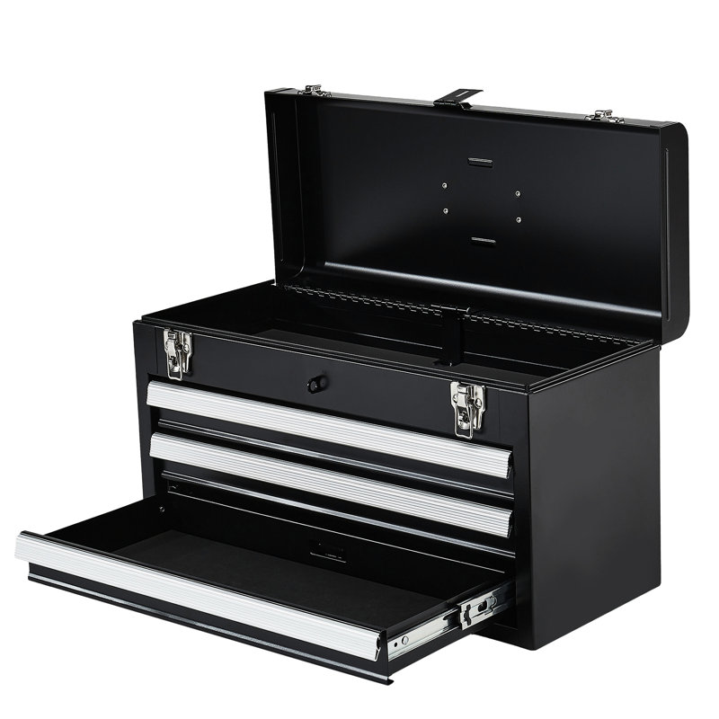 Boîte à outils portative noire de 20,5 pouces, 3 tiroirs, verrouillage automatique, charnière lisse, tiroir coulissant, couvercle sécuritaire pour la protection et rangement en métal, protection contre les éclaboussures, poignée supérieure facile à transporter