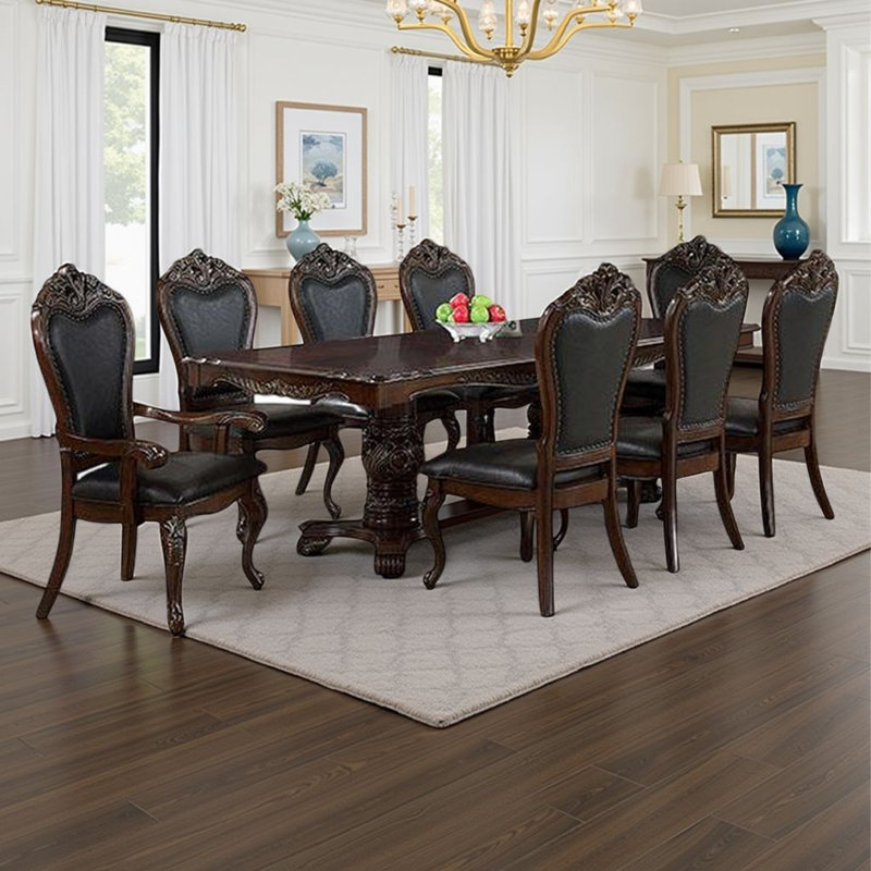 Ensemble de salle à manger Zenie, table en bois chic, 8 chaises sculptées, 9, Noir / brun cerise