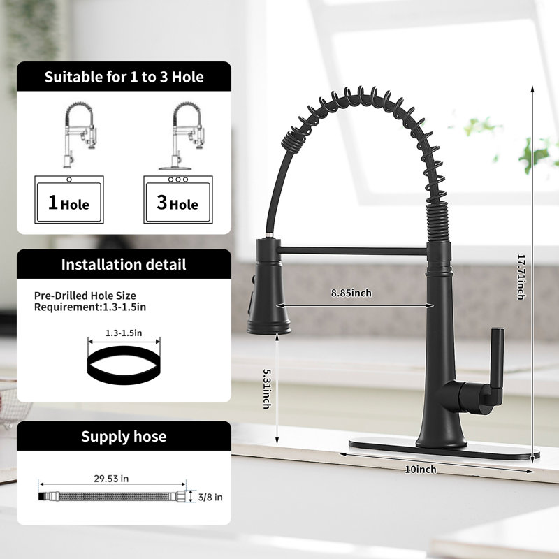 Spring Single Handle Pull-Down Sprayer Kitchen Faucet Deckplate Included In Stainless Steel Matte Black, Matte Black