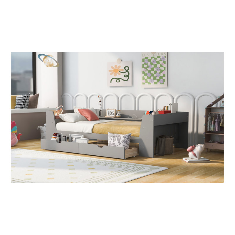 Lit de jour simple avec tablettes, tiroirs et station de charge intégrée, gris