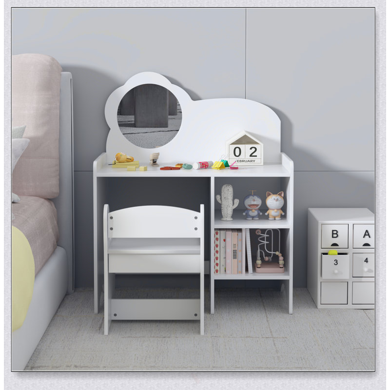 Kids Vanity Table With Mirror And Chair, Wooden Children's Dressing Makeup Desk With Storage Shelves For Study And Play