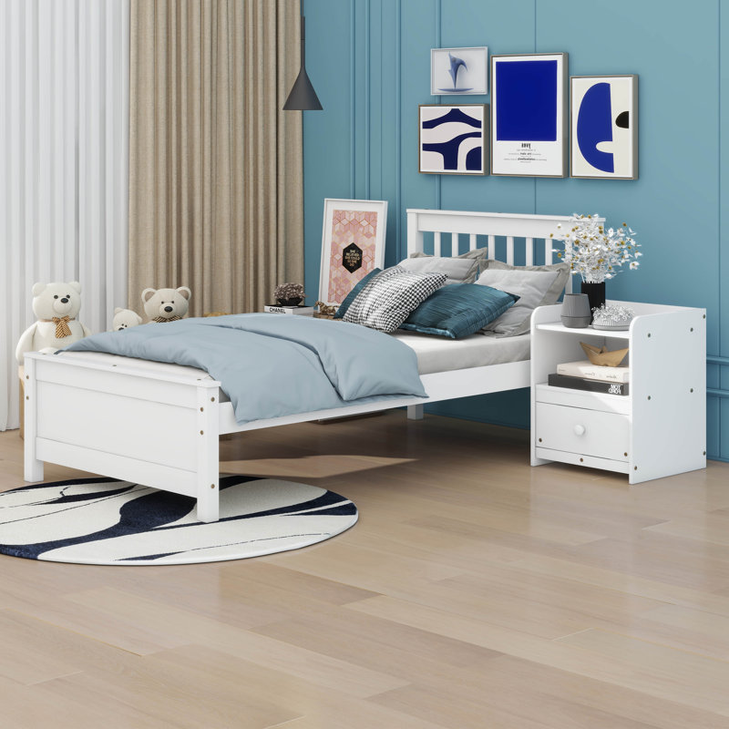 Lit plateforme double Camille avec table de chevet, Blanc