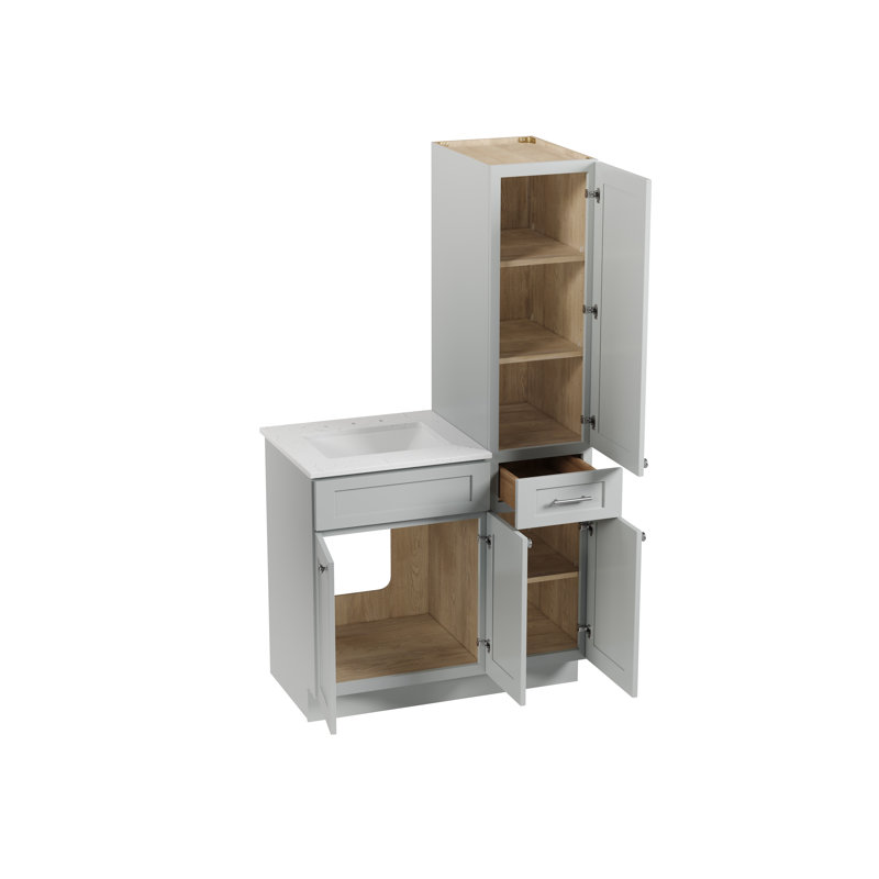 Disar 39'' Single Bathroom Vanity With Right Linen Tall Cabinet Dovetail Solid Wood Drawer Carrara Quartz Top, Gray