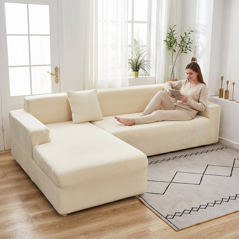 Housse de canapé en L épais en velours - Housse de canapé modulaire avec 2 housses de coussin décoratif, Beige
