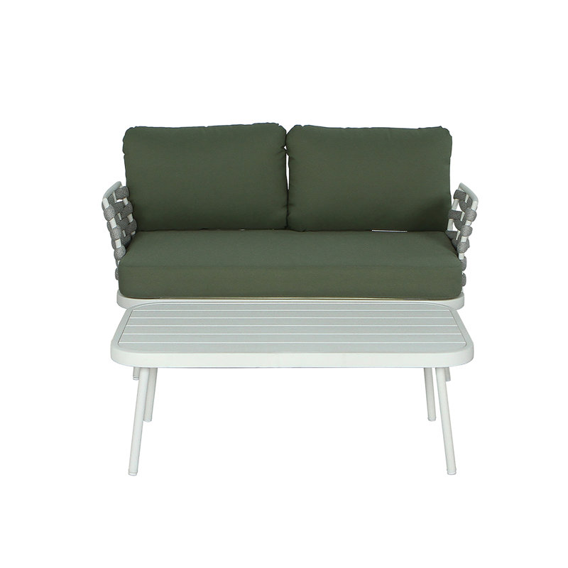 Causeuse et table en acier Mariano, Coussin vert / cadre blanc cassé