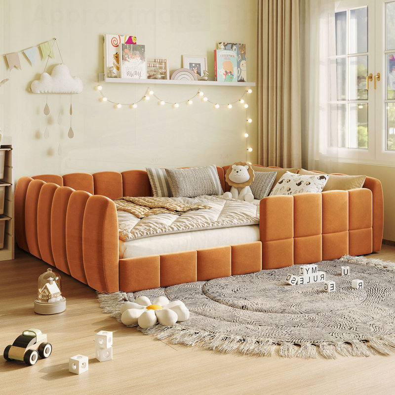 Lit luxueux rembourré en velours, parfait pour les chambres contemporaines et un sommeil confortable, Orange