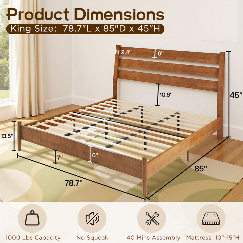 Mid-Century Modern Solid Wood Platform King Bed With Reclining Slatted Headboard, Light Brown, Light Brown, King