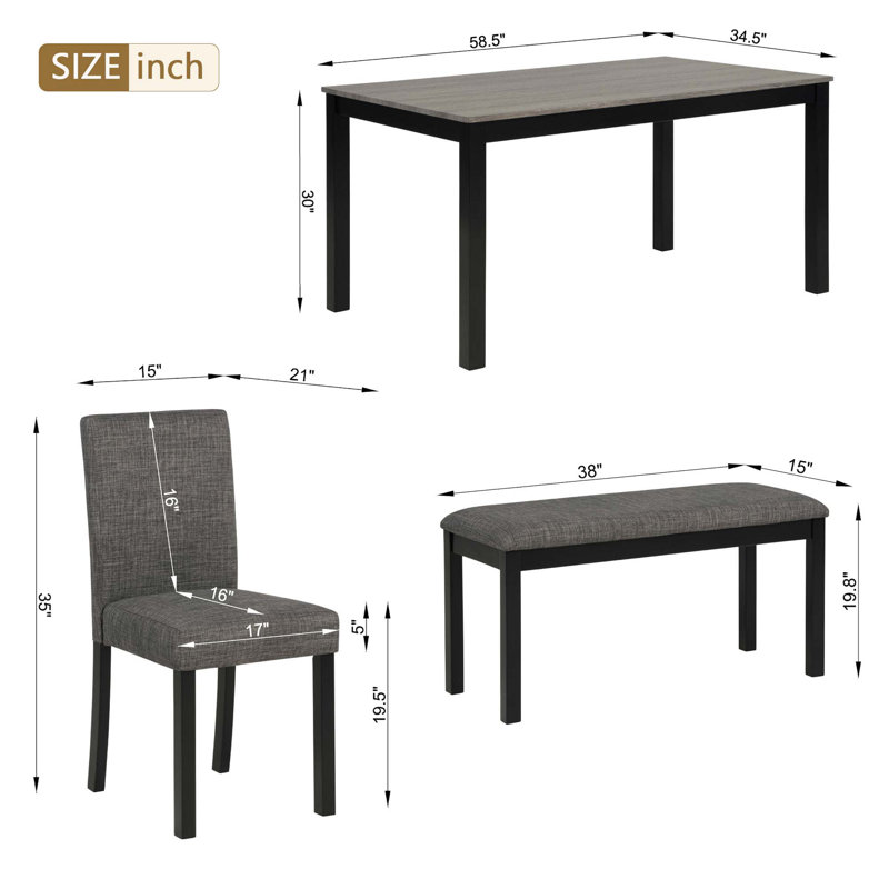 6-Piece Dining Table Set With Bench And Chairs, Dining Table Set For 6 With Bench, Wooden Dining Table Set
