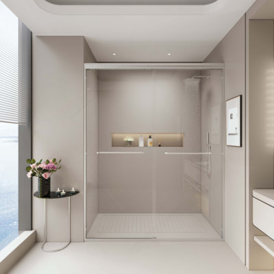 Double porte de douche coulissante, porte de salle de bain semi-sans cadre avec verre trempé de 1/4 po (6 mm) pour douche à l'italienne