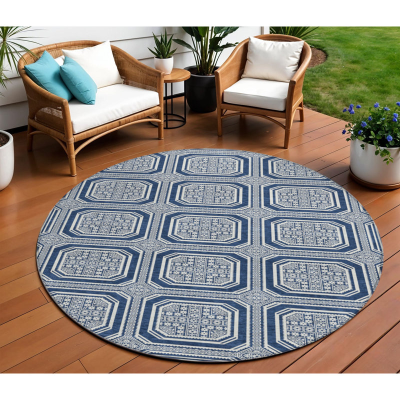 Tapis intérieur / extérieur rond lavable 8 pi bleu marine et ivoire 8 pi