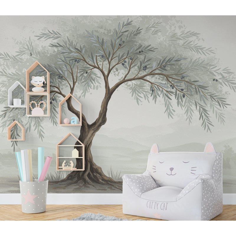 Watercolor Olive Tree Mural Wallpaper – Elegant Hand-Painted Botanical Wall Art, Tranquil Nature-Inspired Wall Décor For Bedroom Spa