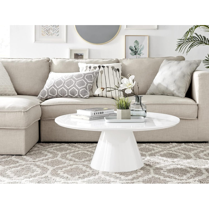 Table basse, design minimaliste contemporain avec pilier central effilé, finition blanche ultrabrillante