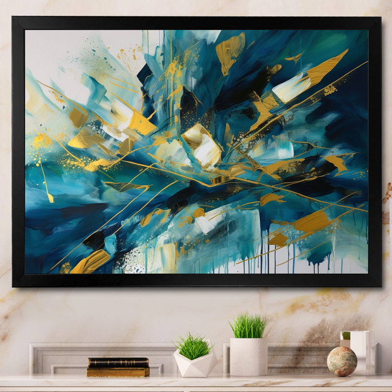 Golden Explosion Triangles V - Art mural abstrait géométrique, Cadre photo noir, H 34 po x l 44 po x P 1,5 po